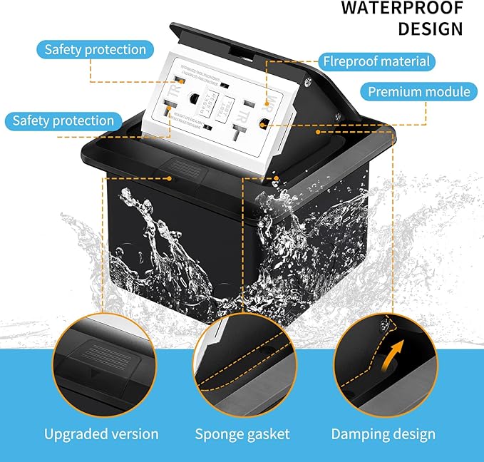 Vagueior Recessed Floor Electrical Outlet Kit,Waterproof Electrical Outlet Covcer Box,Hidden GFCI Outlet+20A Tamper-Resistant Receptacle Outlet with Slow Elastic Damping，ETL Certified，Black(2 Pack)