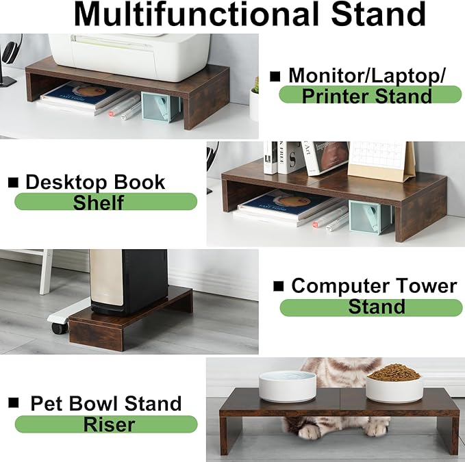 TEAMIX 2 Pack Monitor Stand Riser-20 inch, Wooden Tabletop Shelf for TV/PC/Laptop/Printer, Rustic Brown Monitor Riser with Storage, Computer Stand Ergonomic Design