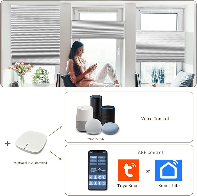 LEXEN Smart Top Down Bottom Up Honeycomb Shades - WiFi Enabled Motorized Cellular Blinds Compatible with Alexa/Google Home Double Cellular Fabric Light Filtering Insulated Custom Sizes-Beige