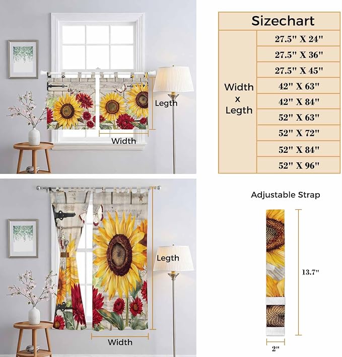 Red Yellow Sunflowers Bathroom Curtains 63 Inch Length, Window Curtains Tab Top - Image 8