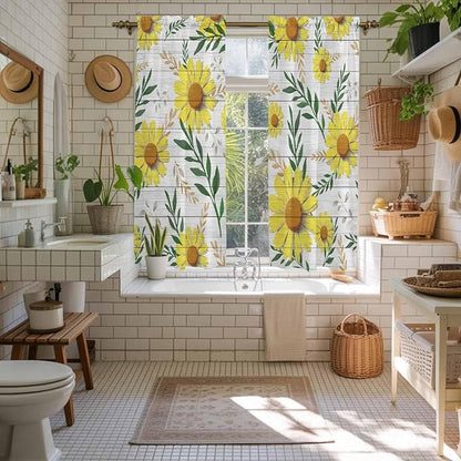 Yellow Daisy Kitchen Curtains, Farmhouse Country Flower Leaf Plant Wood Grain - Image 5