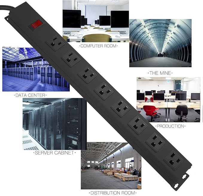 Metal 8 Outlet Mountable Power Strip, Wall Mount Outlet Heavy Duty, Wide Spaced Commercial Shop Power Strip with Switch, 15A 125V 1875W, 6 FT SJT 14AWG Power Cord (12FT)