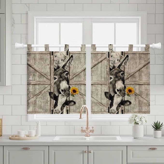 Funny Farm Animals Kitchen Curtains 36 Inch Length, Small Window Curtains Tab - Image 3