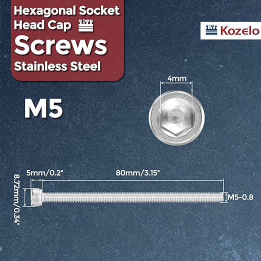 Kozelo 20pcs Socket Head Cap Screws - [M5-0.8 x 80mm] 304 Stainless Steel Allen Socket Drive for Electrical Motor 3D Printing Fan Engine Replacement Use, Silver
