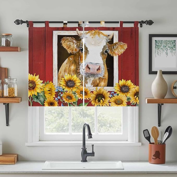 Cows Sunflowers Bedroom Curtains 63 Inch Length, Window Curtains Tab Top - Image 3