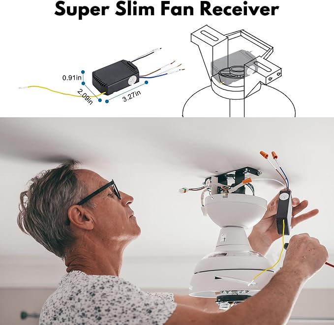 LPHUMEX Ceiling Fan Light Remote Control Kit with Ultra-Small Receiver – Ceiling Fan Speed, Timer & Light Control, Universal Compatibility for AC Motor Hunter/Honeywell/Hampton Bay/Other Ceiling Fans
