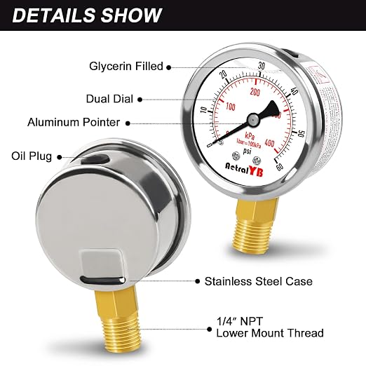 0-60 Psi Glycerin-Filled Pressure Gauge, 2-Inch Gauge, Stainless Steel - Image 4