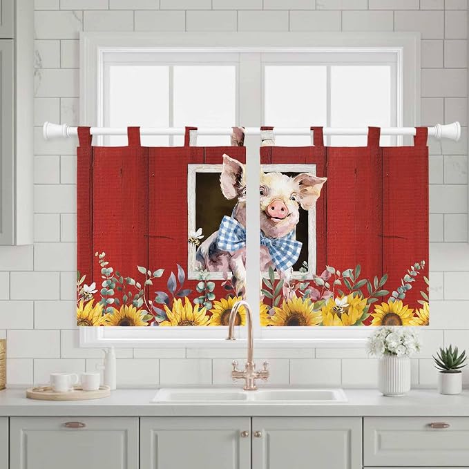 Pig Sunflowers Kitchen Curtains 24 Inch Length, Small Window Curtains Tab Top - Image 3