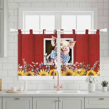 Pig Sunflowers Kitchen Curtains 36 Inch Length, Small Window Curtains Tab Top - Image 3