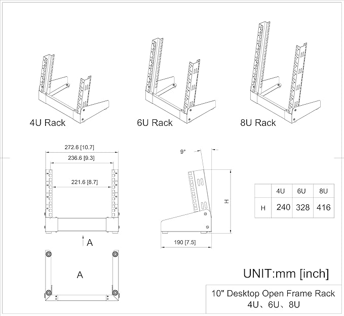 QiaoYoubang 10 inch Small Desktop Network Rack, 4U Mini Open Frame Desktop Cabinet for 10" Network, Servers, Audio, and Video Equipment (4U)