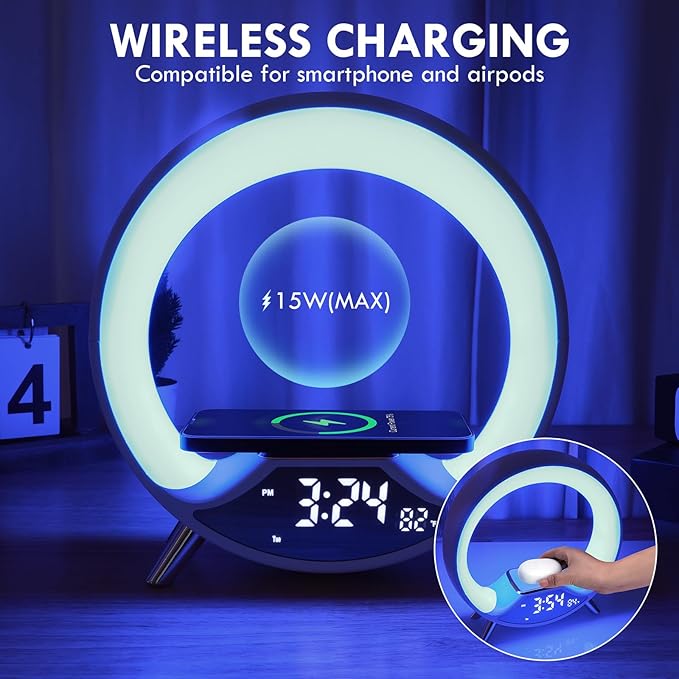 GuDoQi Sunrise Alarm Clock with Fast Wireless Charger Station and Bluetooth, Full Screen with Sunrise Simulation Light, Sleep Aid, Dual Alarms, FM Radio, More Than 10 Colors Nightlight for Bedrooms