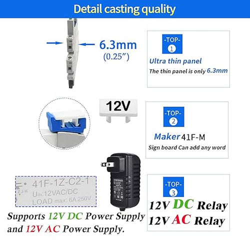 20Pcs 12V Electromechanical Power Relays 12V Relay Din Rail 5 Pin 6Amp SPDT, Socket Base with LED Indicator 41F-1Z-C2, with DIN Rail