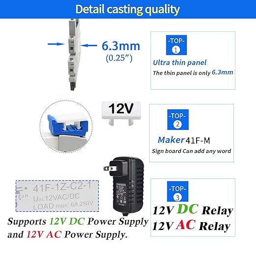 (10Pcs) 12V Relay Din Rail; Silm Relay 12V DC/AC 6Amp 5Pin 1NO 1NC SPDT with LED Indicator, Socket, Jumper DIN Rail Mount 12 Volt UL Listed