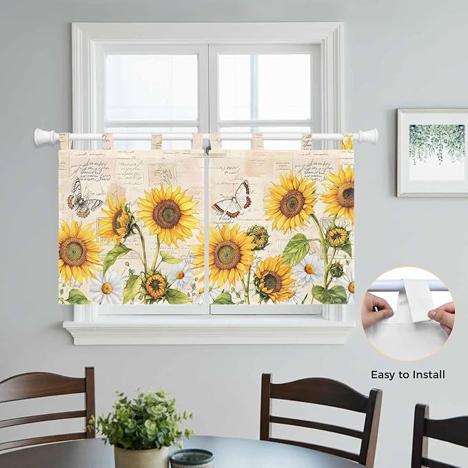 Yellow Sunflowers Kitchen Curtains 36 Inch Length, Small Window Curtains Tab Top - Image 4