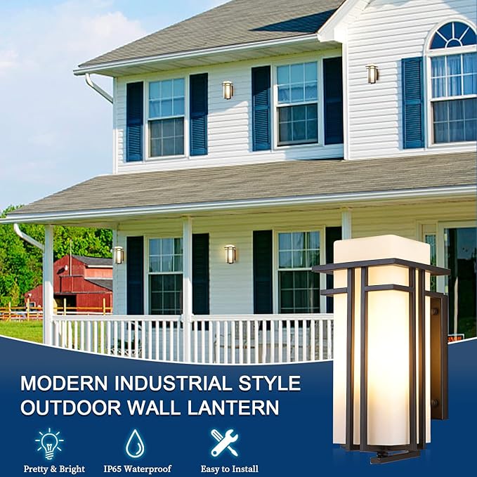 EERU Large Outdoor Wall Lights 15.35" H x 6.7" W, Waterproof Wall Lantern Exterior Light Fixture for Entryways Yards Garage Front Porch, Metal Frame with Frosted Glass, Black (Large)