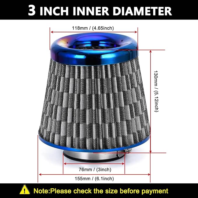 Cold Air Intake Filter, High Performance, Washable Filter, Clamp-On Replacement - Image 2