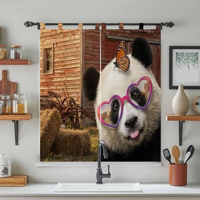 Farm Panda Bathroom Curtains 63 Inch Length, Window Curtains Tab Top, Farmhouse - Image 3