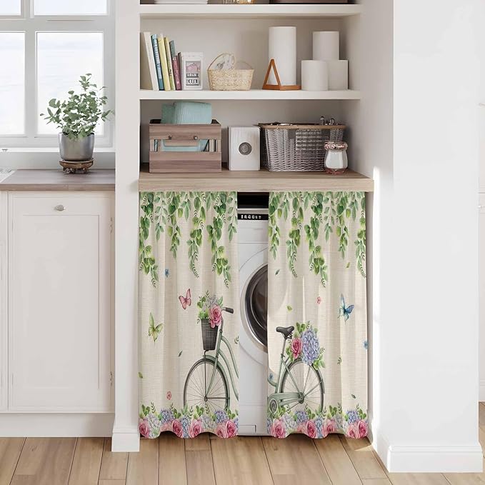 Farmhouse Spring Tier Curtains, Retro Bicycles Flowers Vines Butterfly Light - Image 7