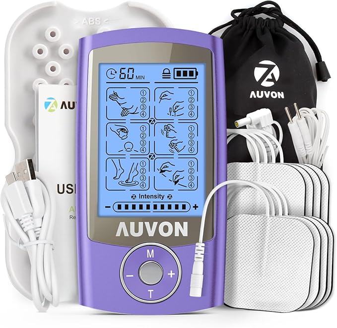 AUVON Rechargeable TENS Unit Muscle Stimulator, 24 Modes 4th Gen TENS Machine with 8pcs 2"x2" Premium Electrode Pads for Pain Relief