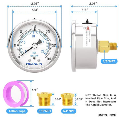 MEANLIN MEASURE 0~300Psi Dry Pressure Gauge Stainless Steel 1/8" NPT 2" FACE - Image 2