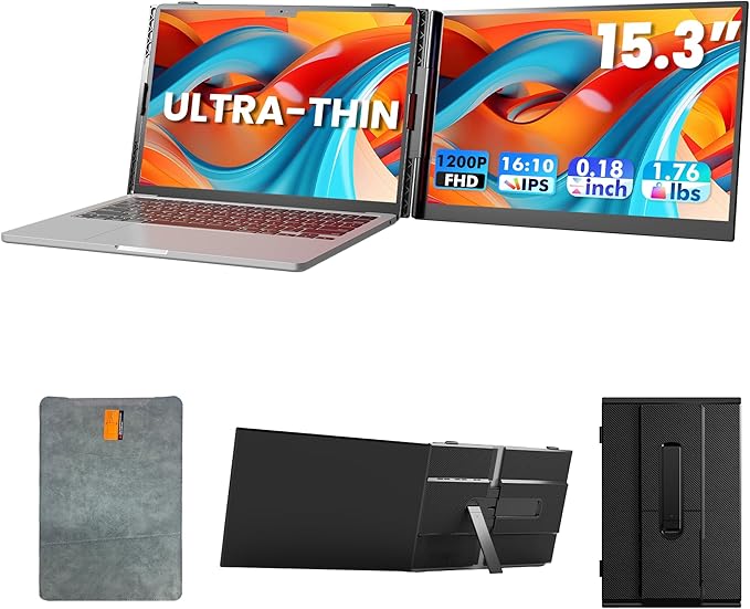 Laptop Screen Extender, Ultra-Thin 15.3" FHD 1200P 16:10 Portable Monitor for Laptop, Lightweight Dual Monitor Extender Plug & Play for 14"-17.3" Laptops, Compatible with Wins/Mac/Chrome/Linux