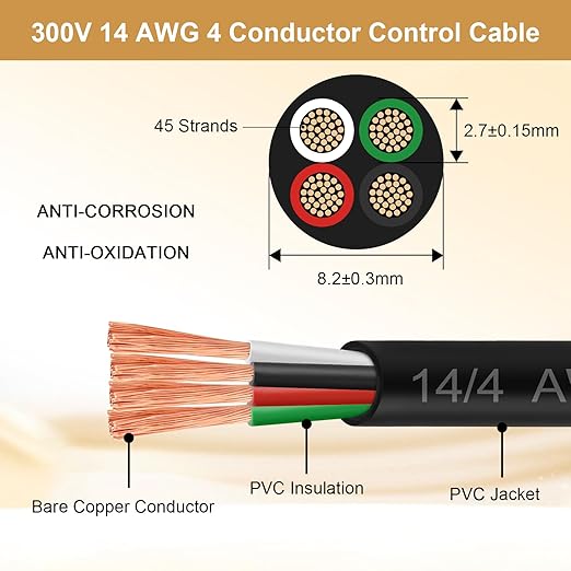 MOOKEERF 14/4 AWG Mini-Split Cable - 100FT 14 AWG 4 Conductor Control Cable 300V Stranded Oxygen-Free Pure Copper Wire for Mini Split Air Conditioner,Heat Pump,HVAC Systems and Speaker Systems