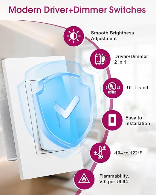 Dimmer Light Switch & 24V 60W Dimmable LED Driver 2 in 1, 2PK Single-Pole or 3-Way Slide Dimmer Switches for Led Strip Lights,120VAC to 24VDC Power Supply for Low Voltage Project, UL Listed