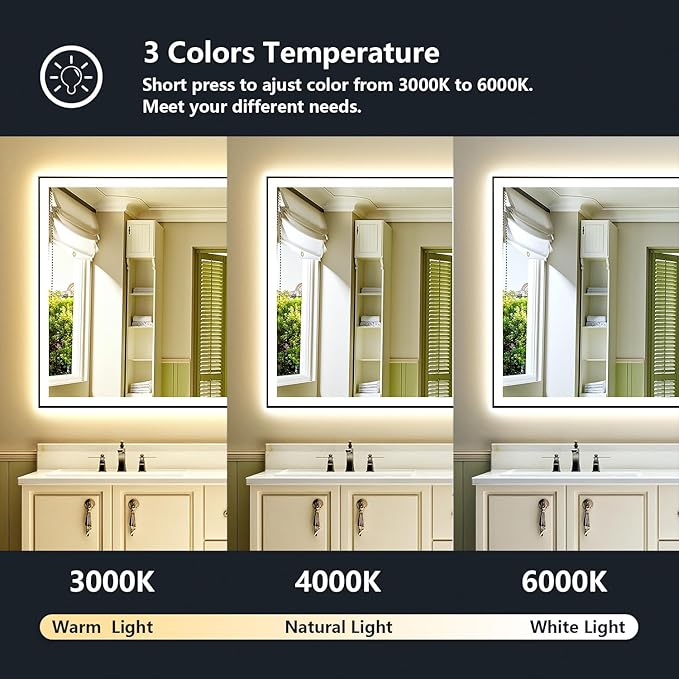 YEELAIT 60x38 Inch LED Bathroom Mirror with Lights (Front Lit and Backlit) Black Framed Lighted Vanity Mirror for Bathroom Wall Dimmable Anti-Fog Memory Tempered Glass Horizontal/Vertical