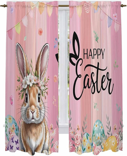 Easter Kitchen Curtains, Spring Rabbit Eggs Flowers Flags Leaves Wood Grain by Unknown