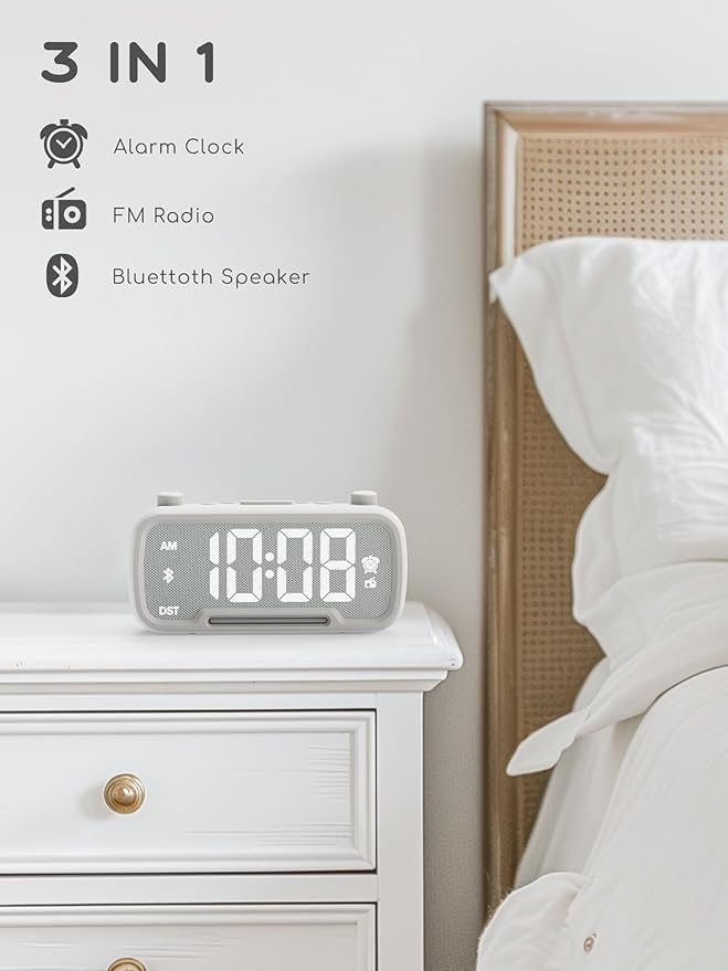 ROCAM Clock Radio, FM Radio Alarm Clock for Bedroom Modern Design, Auto Scan 20 Presets Auto-Off Sleep Timer, Bluetooth Speaker, Night Light, USB Ports, Brightness Dimmer
