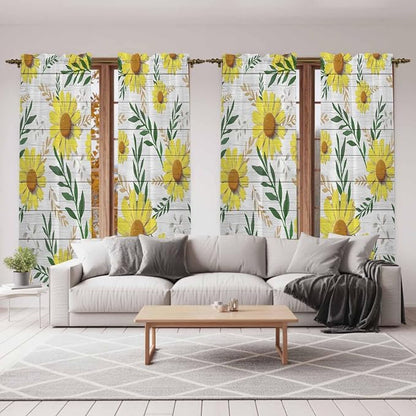 Yellow Daisy Kitchen Curtains, Farmhouse Country Flower Leaf Plant Wood Grain - Image 7
