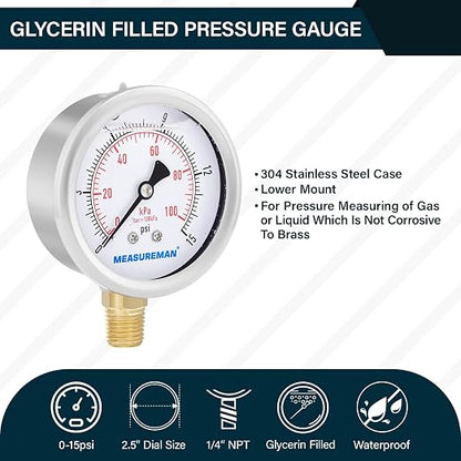 MEASUREMAN 2-1/2inch Dial Size, Glycerin Filled Pressure Gauge, 0-15psi/100kpa - Image 2
