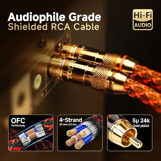 TODN HiFi 4-Core-OFC RCA Cables for Audiophile 2 RCA Male to Male Car Stereo Audio Cable with Shielding for Amps/Phono/Subwoofers (4.9ft/1.5m, 1 Pair)