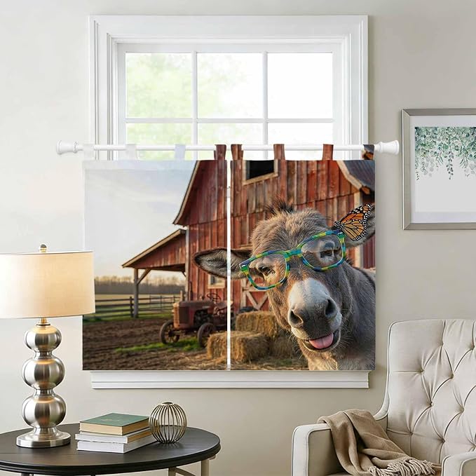 Farm Donkeys Kitchen Curtains 45 Inch Length, Short Cafe Window Curtains Tab Top - Image 2