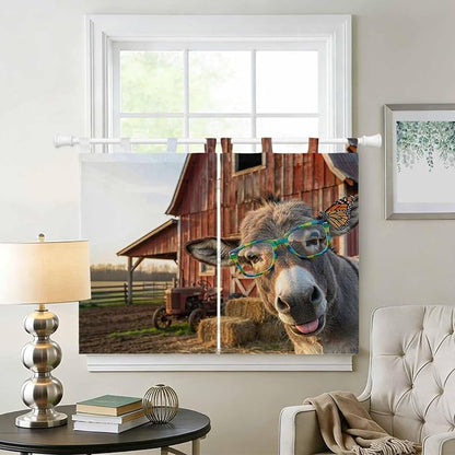 Farm Donkeys Kitchen Curtains 45 Inch Length, Short Cafe Window Curtains Tab Top - Image 2
