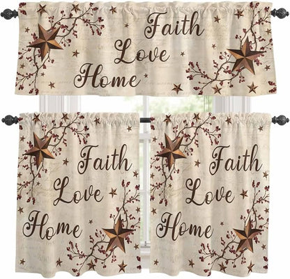 Kitchen Curtains Tiers and Valance Set of 3, Retro Country Stars Rustic by Anzona