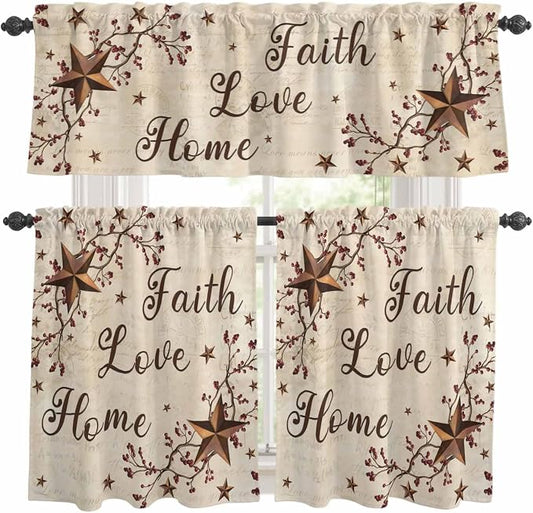 Kitchen Curtains Tiers and Valance Set of 3, Retro Country Stars Rustic by Anzona