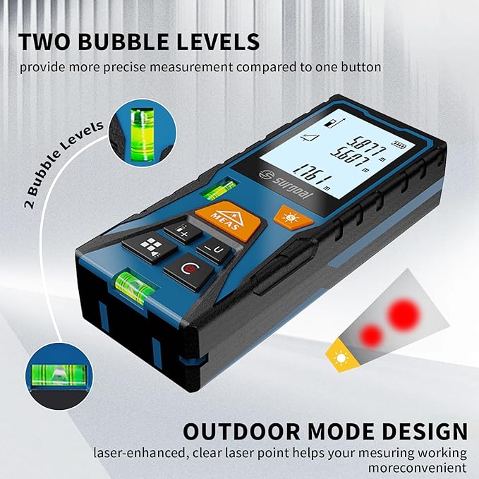 Laser Distance Meter 196ft – Digital Laser Measuring Tool with LCD Backlit Display, Area Volume Pythagorean, ±2mm Accuracy, Class II, Electronic Tape Measure for DIY Construction – AAA Battery Powered