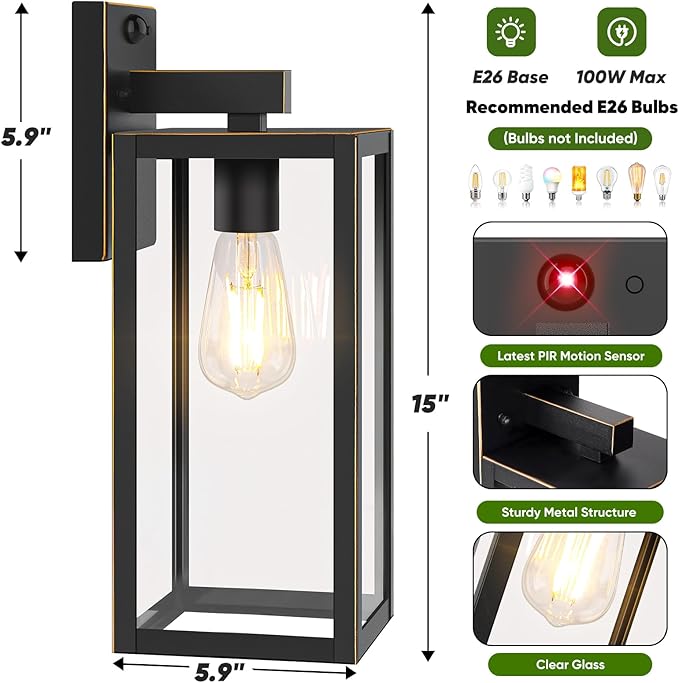 BesLowe Upgraded Motion Sensor Outdoor Wall Lights, 15” Dusk to Dawn Porch Lights Outdoor Wall Sconce Lanterns, 3 Lighting Modes Exterior Lighting Fixtures, Bronze Outside Lights for House, 2-Pack