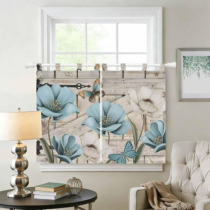 Teal Blue Tulips Kitchen Curtains 45 Inch Length, Short Cafe Window Curtains - Image 2