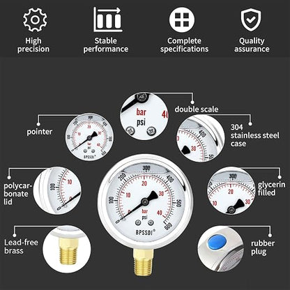 0-200 Psi Glycerin Liquid Filled Low Pressure Gauge, 2.5" Dial Size, 1/4" NPT - Image 3