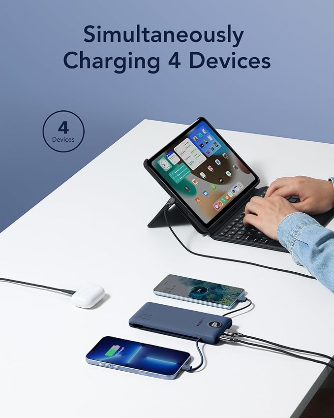 VEGER Portable Charger with Built-in AC Plug and Cables, All in One 10000mAh Ultra Slim Power Bank Travel Essentials, 15W Fast Charging Battery Pack Compatible with iPhone, Samsung, Android (Navy)