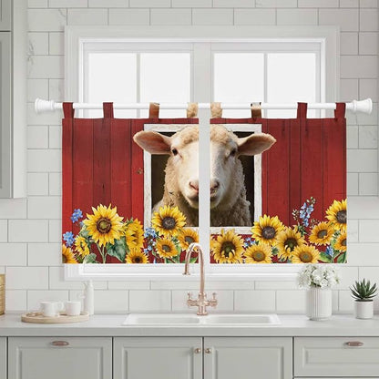 Sheep Sunflower Kitchen Curtains 36 Inch Length, Small Window Curtains Tab Top - Image 3