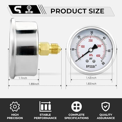 0-60 Psi Glycerin Liquid Filled Low Pressure Gauge, 2.5" Dial Size, 1/4" G Back - Image 3
