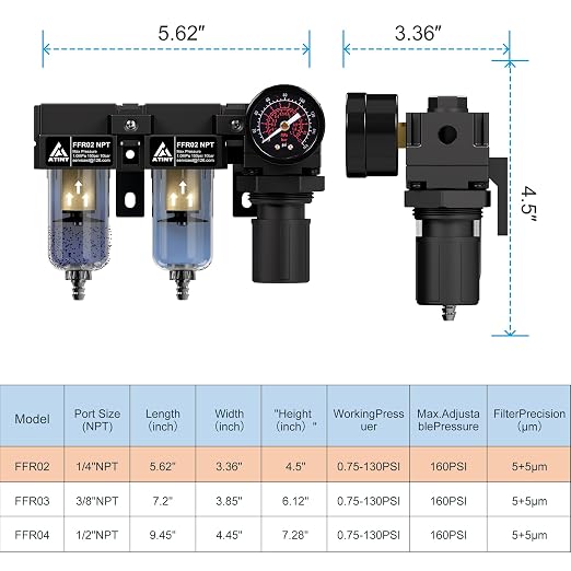 1/4" NPT Compressed air Dryer, Air Pressure Regulator Filter Combo, Air - Image 7