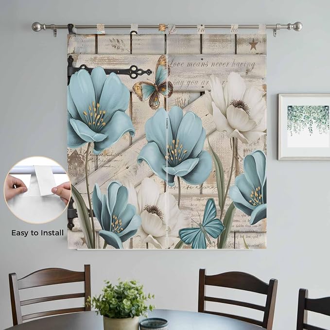 Teal Blue Tulips Bedroom Curtains 72 Inch Length, Window Curtains Tab Top - Image 4