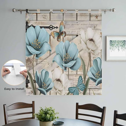 Teal Blue Tulips Bathroom Curtains 63 Inch Length, Window Curtains Tab Top - Image 4