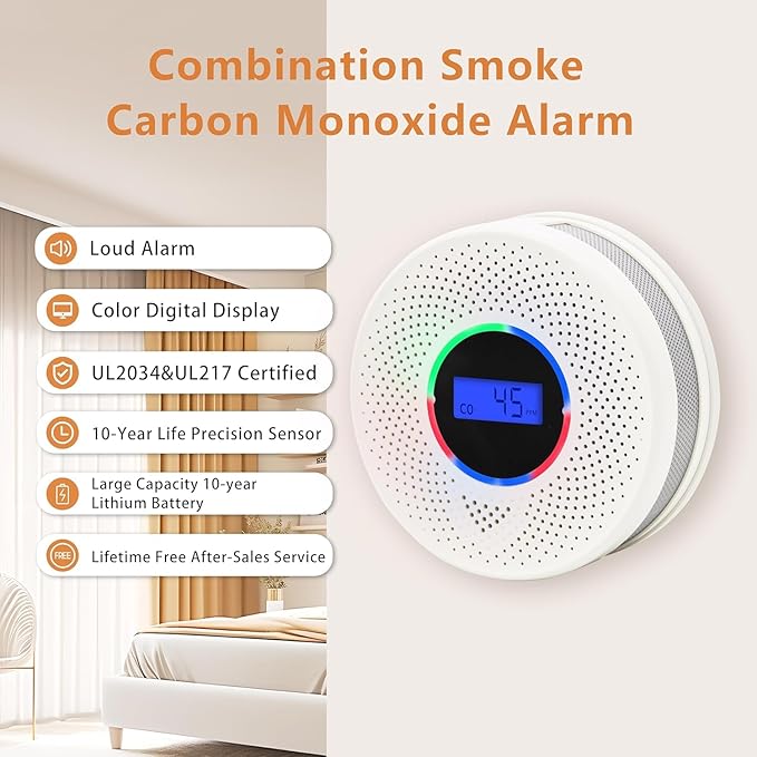 10-Year Battery Smoke and Carbon Monoxide Detector, 2-in-1 Smoke CO Alarm with Digital Display, Reliable Fire and CO Alarm for Home, Bedroom, Kitchen (3 Pack)