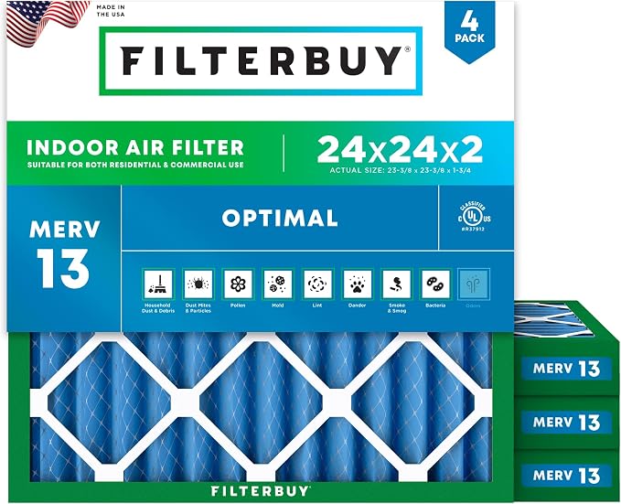 Filterbuy 24x24x2 Air Filter MERV 13 Optimal Smoke & Allergy Defense, by Filterbuy