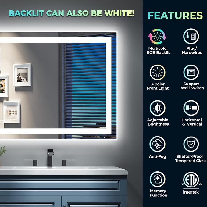 YEELAIT 60x38 Inch RGB LED Bathroom Mirror Front Light and RGB Backlit Lighted Vanity Mirror for Bathroom Wall Mounted Dimmable Anti Fog Memory Shatter-Proof IP54 Waterproof Horizontal/Vertical